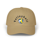 Khaki embroidered classic dad cap hat with a Volleyball text and graphic Front view