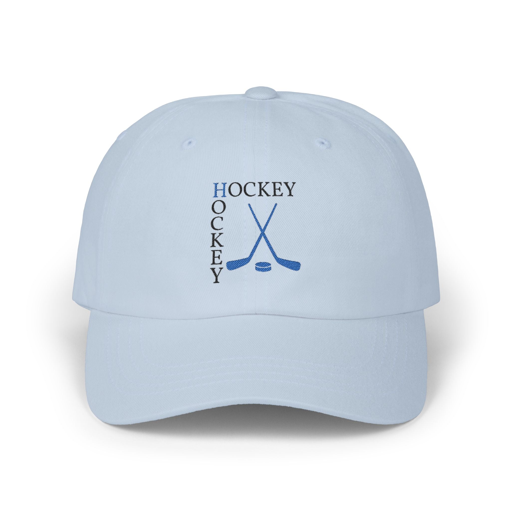 Light blue embroidered classic dad cap hat with a Hockey text and graphic Front view