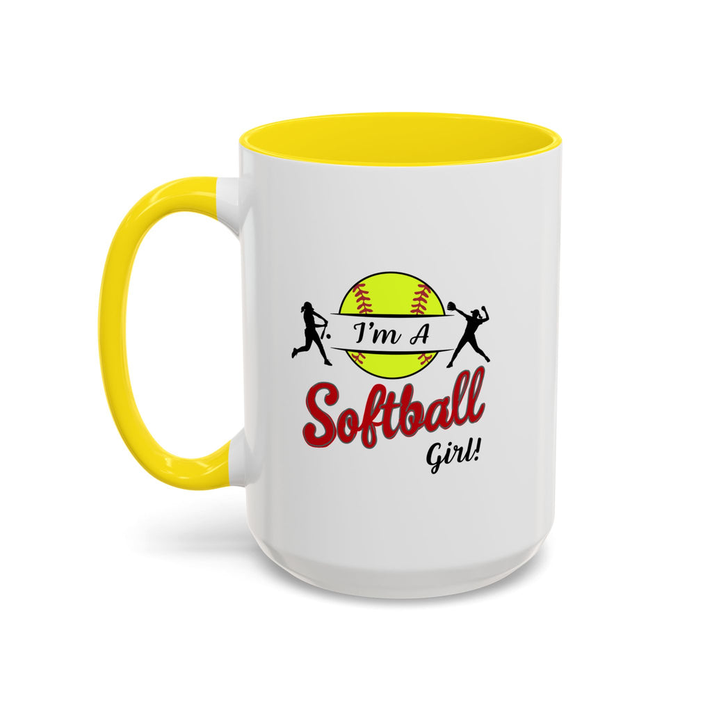 15oz white ceramic Softball mug with yellow handle and interior Left handed view