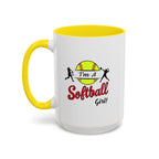 15oz white ceramic Softball mug with yellow handle and interior Left handed view