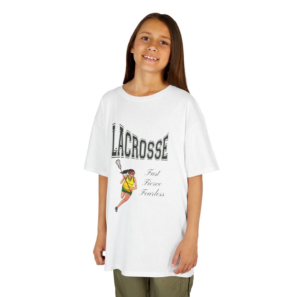 Front view of a youth Gildan 5000B heavy cotton t-shirt in white with a Girls Lacrosse theme
