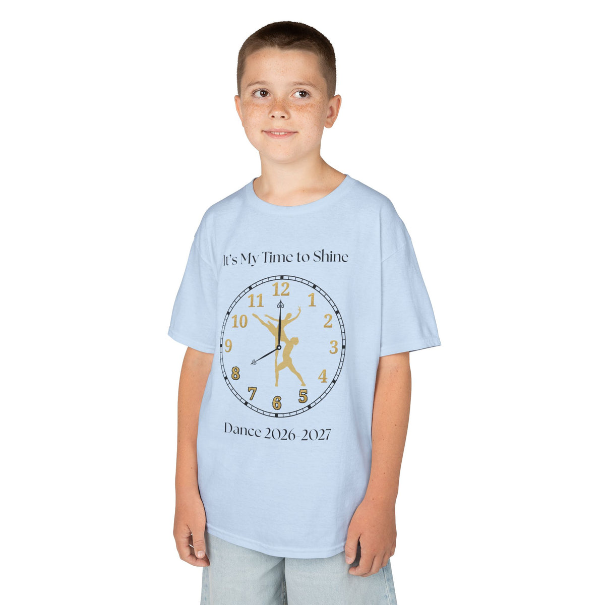 Young boy wearing a youth Gildan 5000B heavy cotton t-shirt in light blue with a Ballet Couple 2026-2027 design