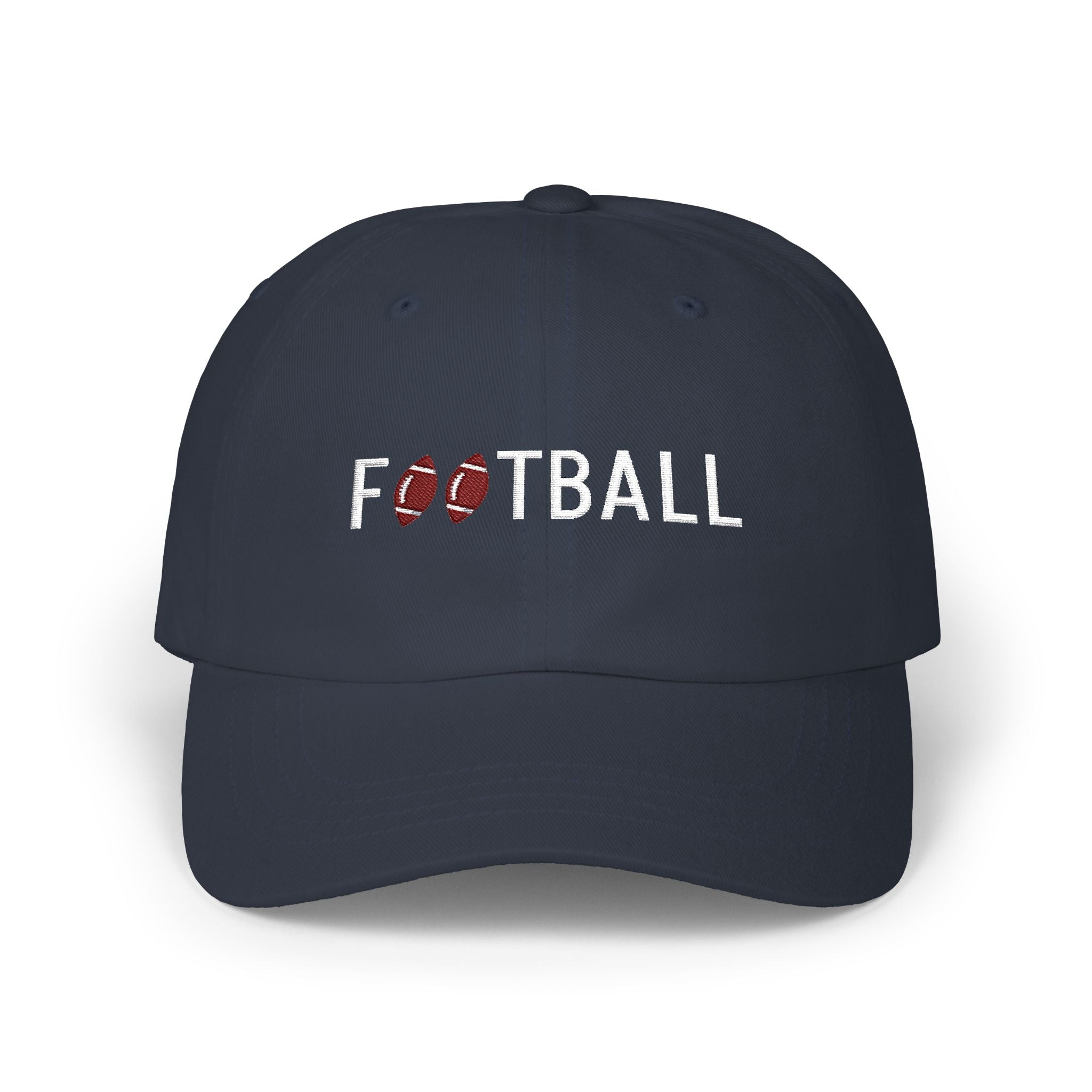 Navy classic cap with an embroidered Football text and graphic.