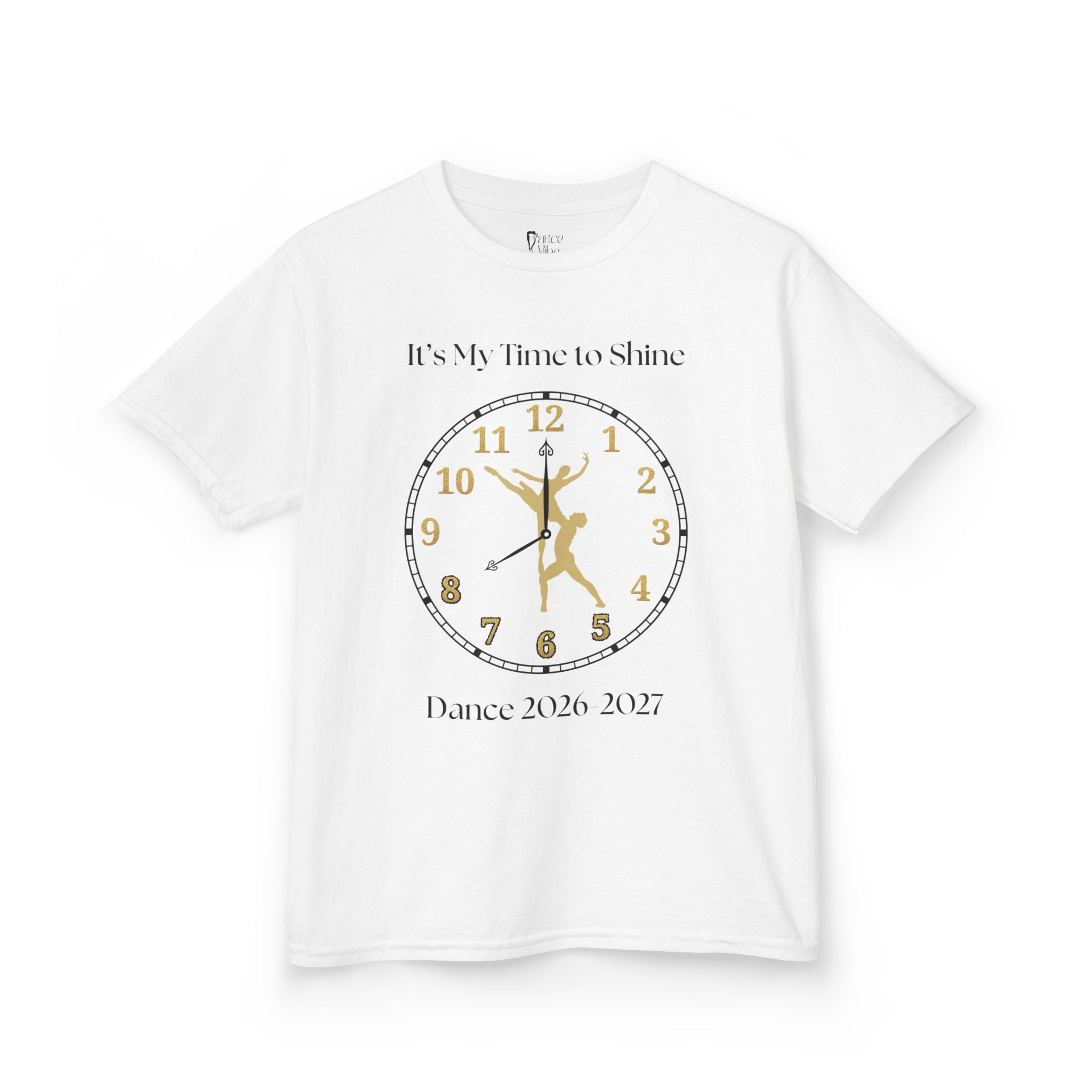 Front view of a youth Gildan 5000B heavy cotton t-shirt in white with a Ballet Couple 2026-2027 design