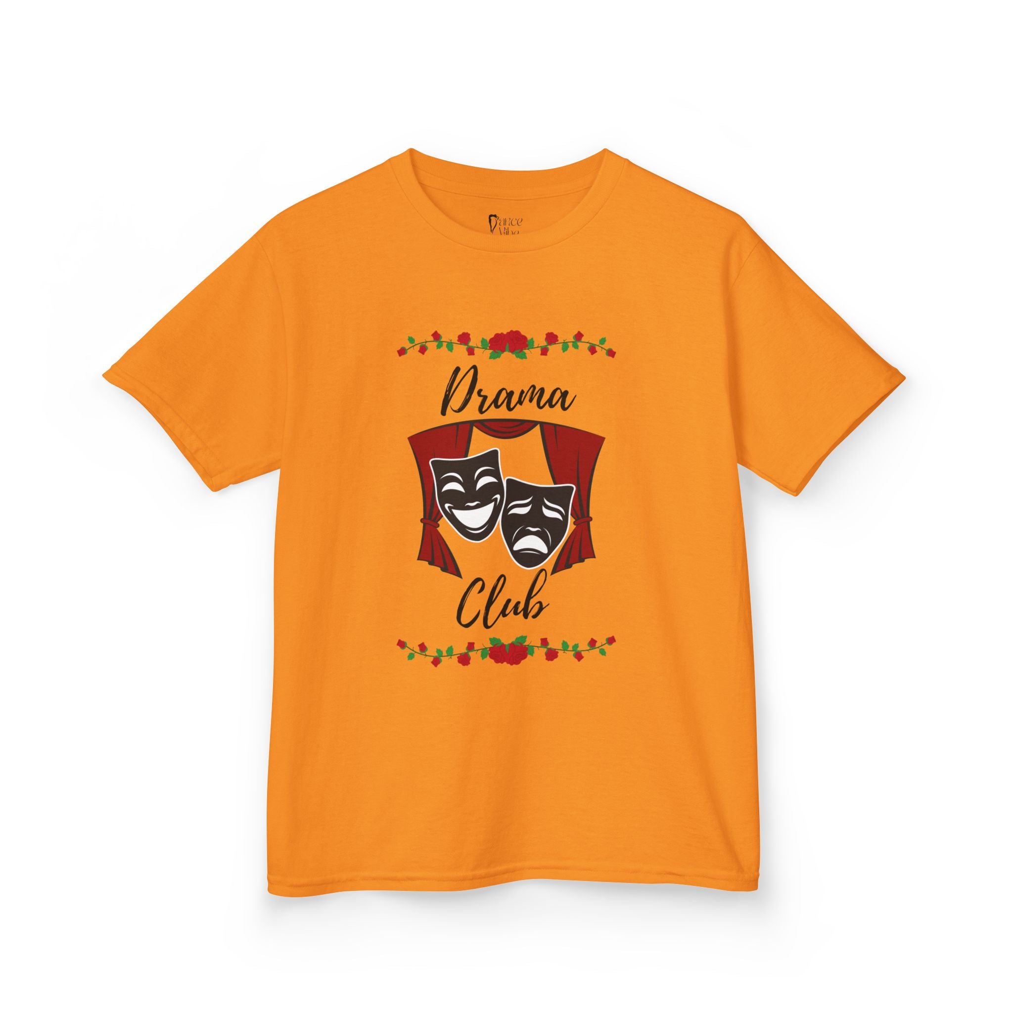 Front view of a youth Gildan 5000B heavy cotton t-shirt in tennessee orange with a Drama Club text and graphic 