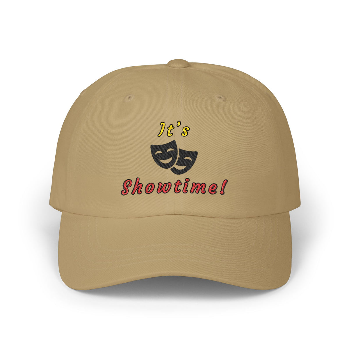 Khaki embroidered classic dad cap hat with an It's Showtime text and graphic Front view