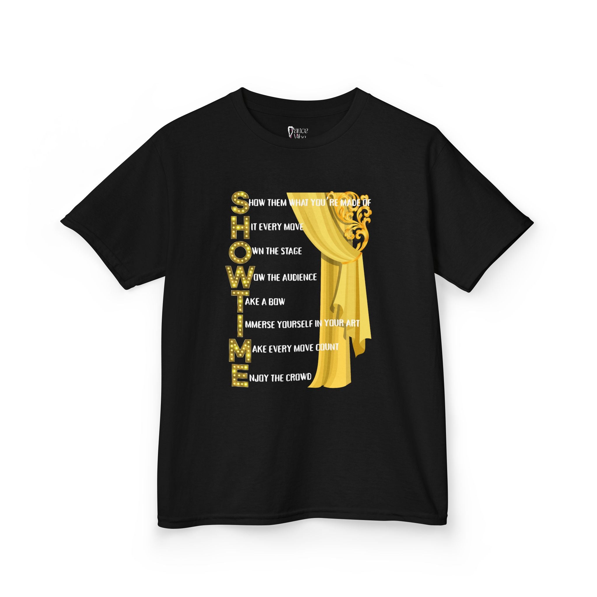 Front view of a youth Gildan 5000B heavy cotton t-shirt in black with a Showtime text and graphic 