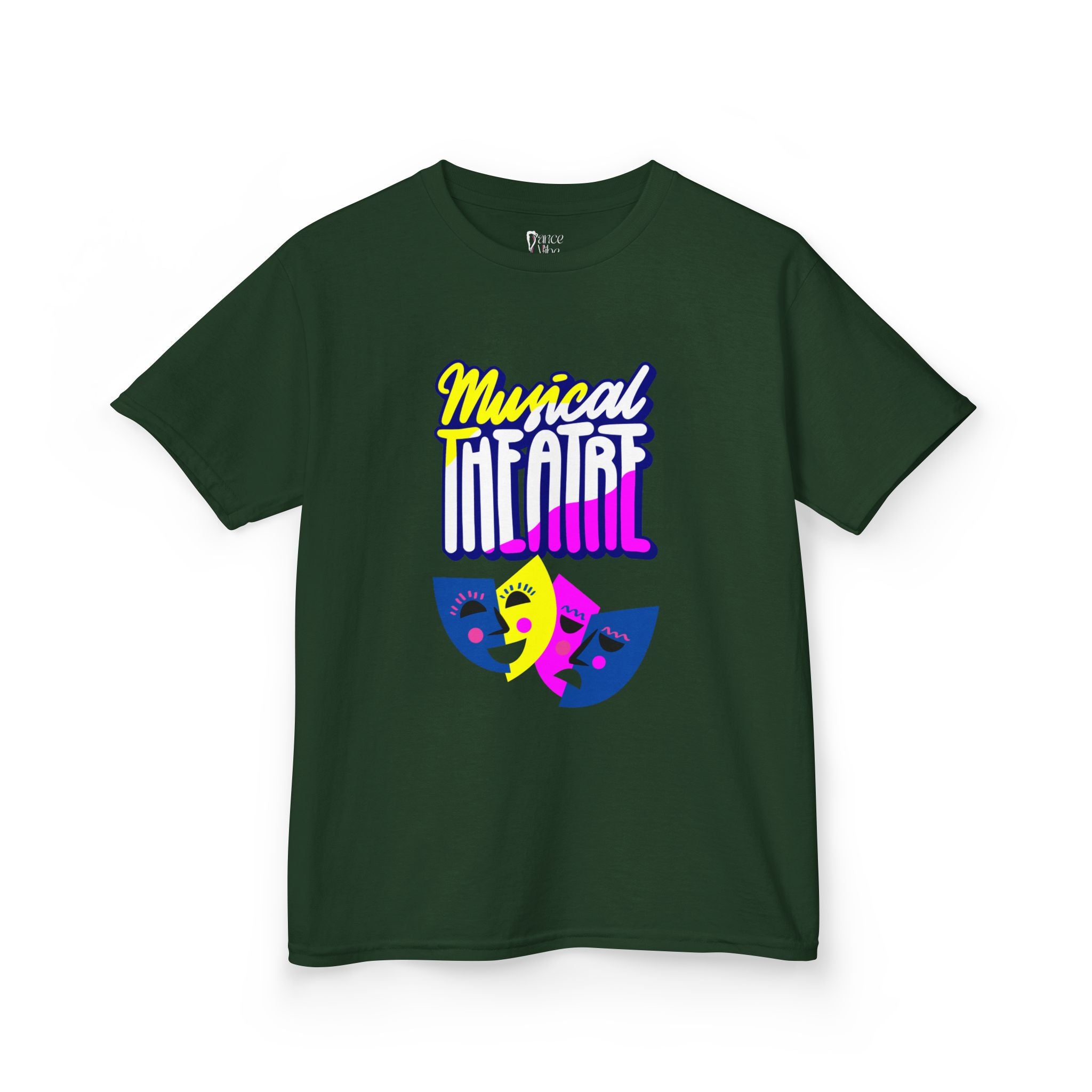 Front view of a youth Gildan 5000B heavy cotton t-shirt in forest green with a Musical Theater rainbow mask graphic