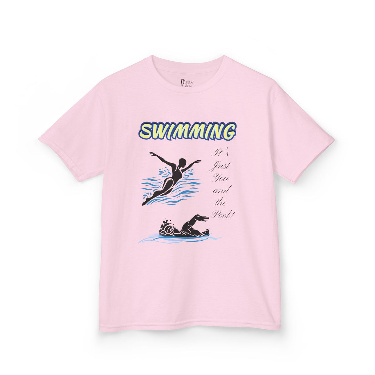 Front view of a youth Gildan 5000B heavy cotton t-shirt in light pink with a Swimming text and graphic