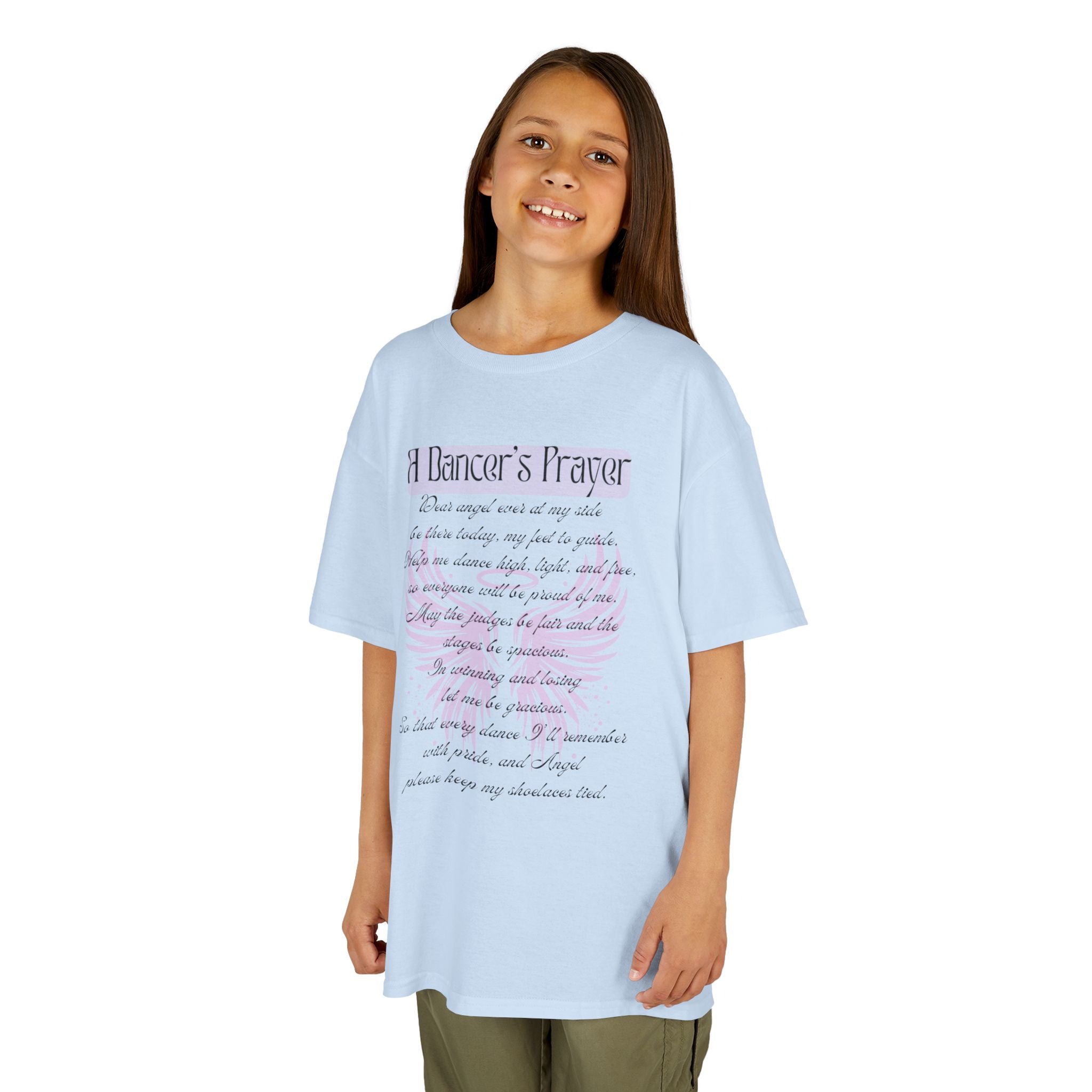 Young girl wearing a youth Gildan 5000B heavy cotton t-shirt in light blue with A Dancer's Prayer text and graphic