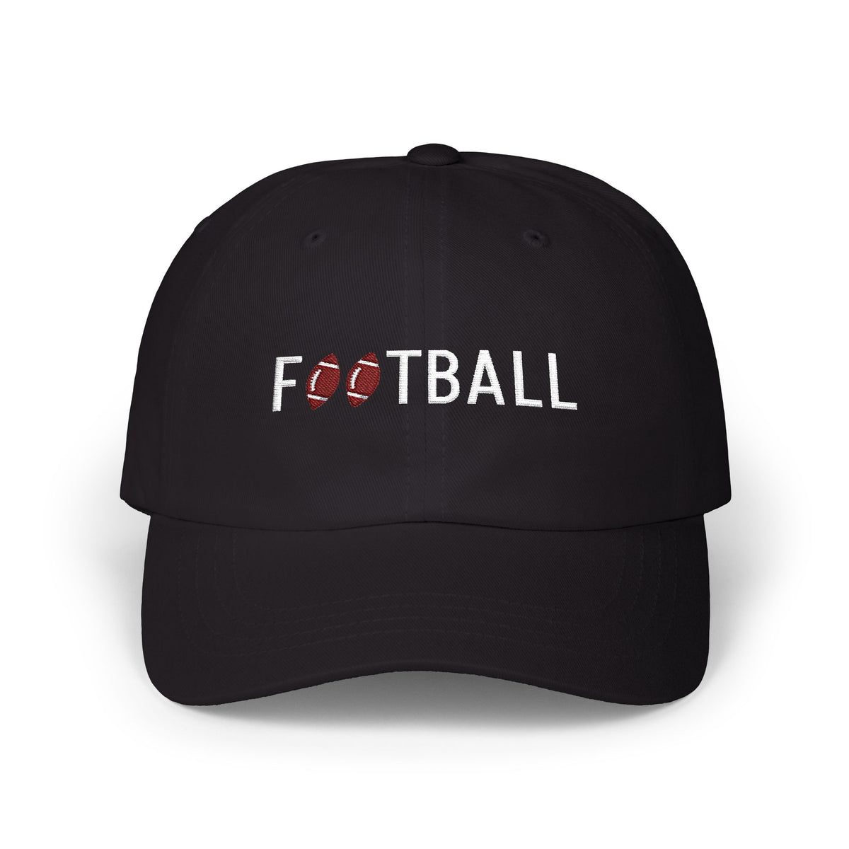 Black classic cap with an embroidered Football text and graphic.