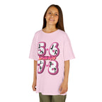 Young girl wearing a Gildan 5000B heavy cotton t-shirt in light pink with a 5678 Dance text and graphic