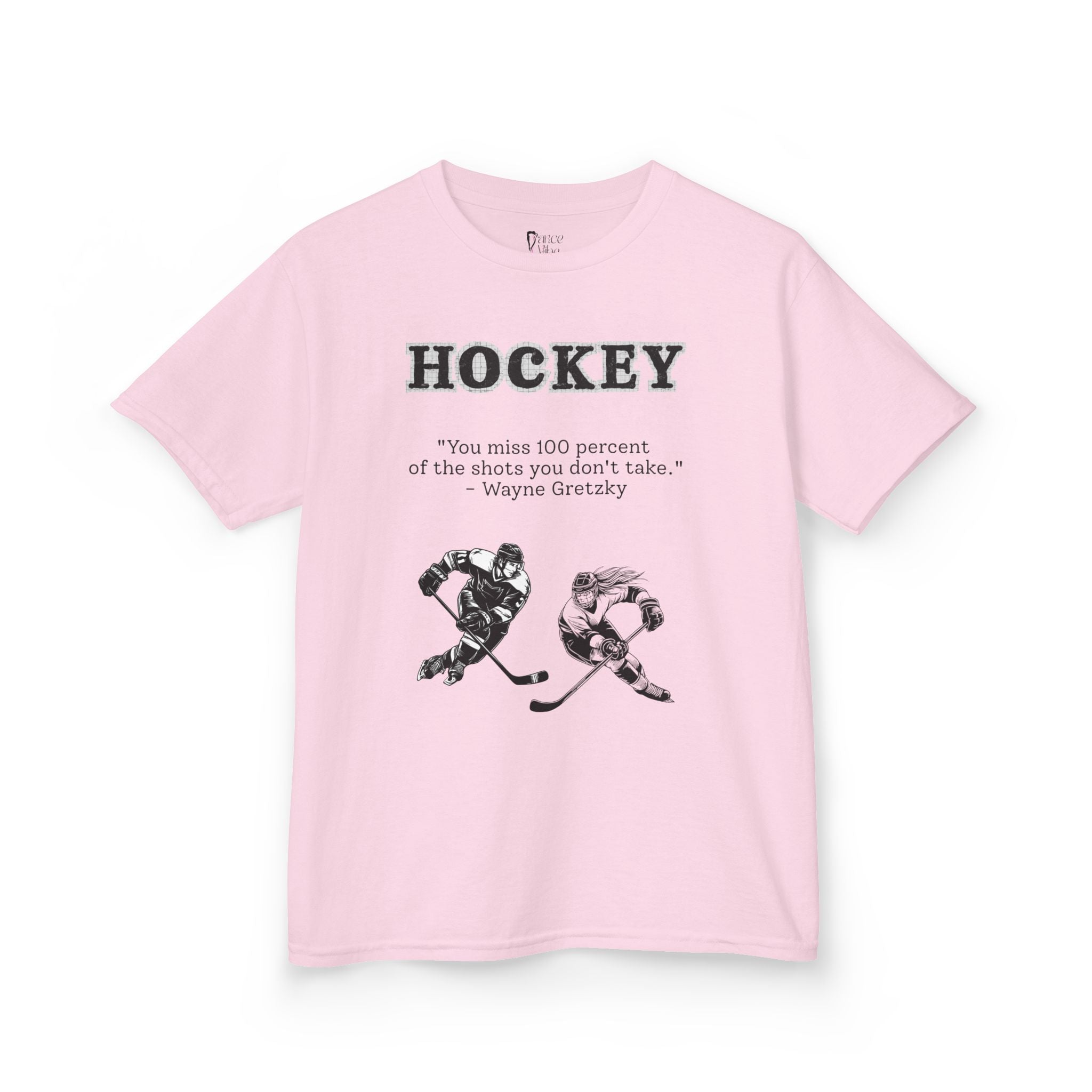 Front view of a youth Gildan 5000B heavy cotton t-shirt in light pink with a Hockey text and graphic