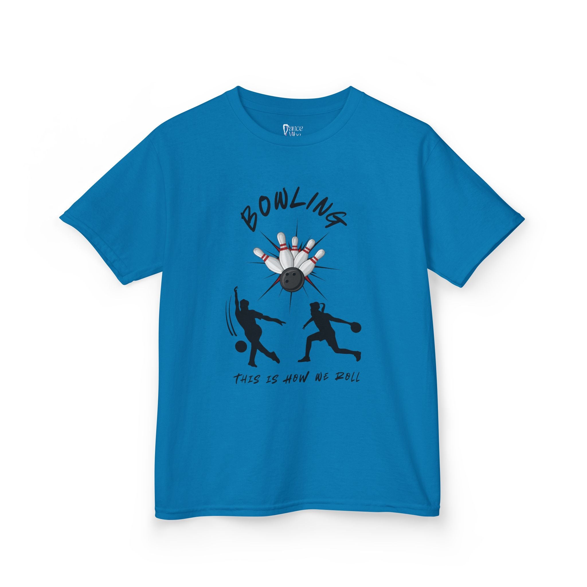 Front view of youth Gildan 5000B heavy cotton t-shirt in sapphire with a Bowling text and graphic