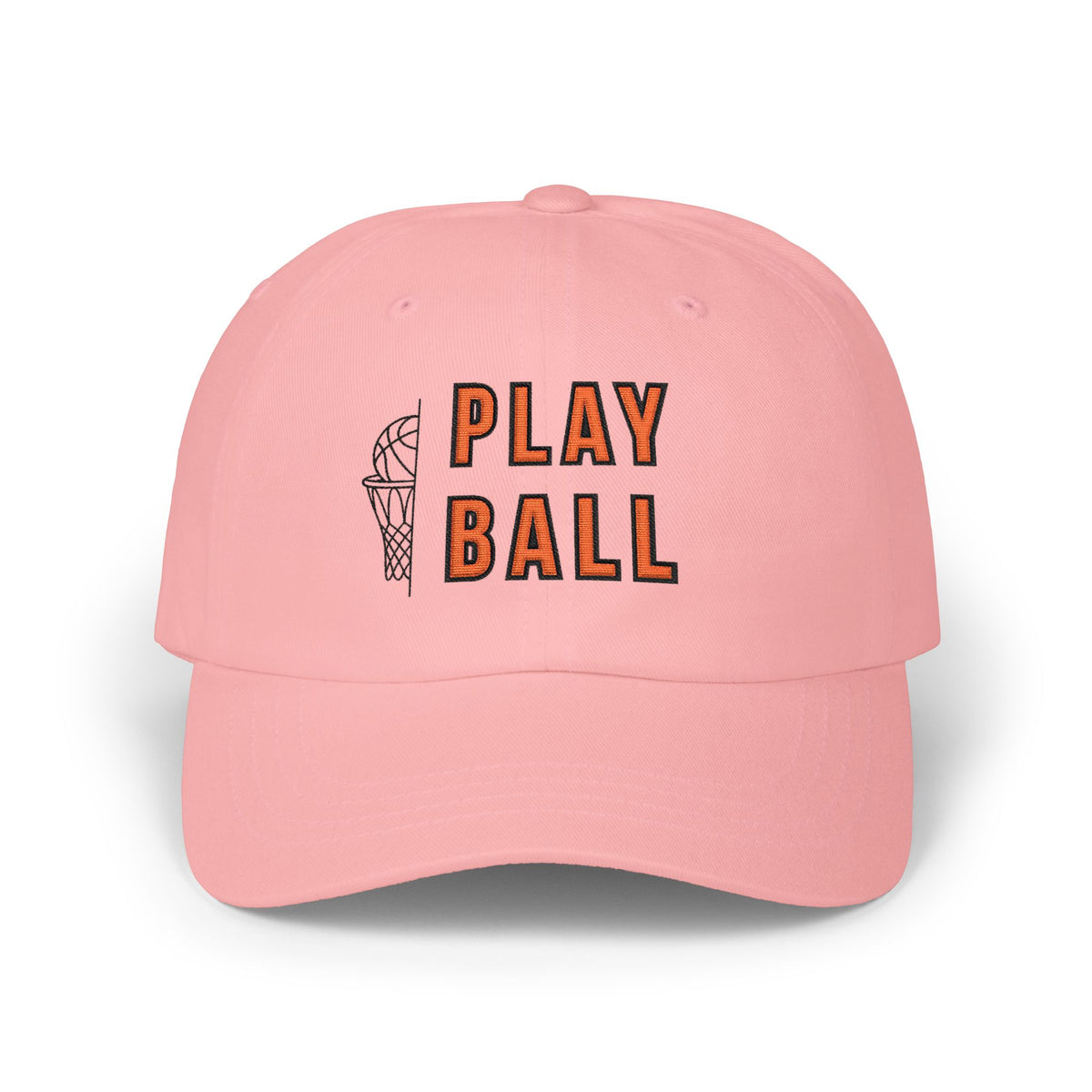 Pink embroidered classic dad cap hat with Play Ball text and basketball graphic Front view
