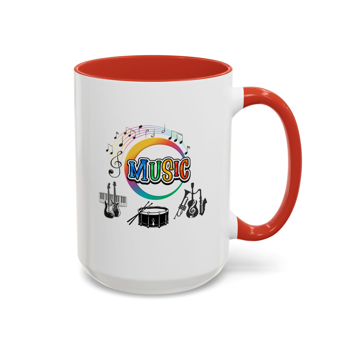 15oz white ceramic Music Instrument mug with red handle and interior Right handed view