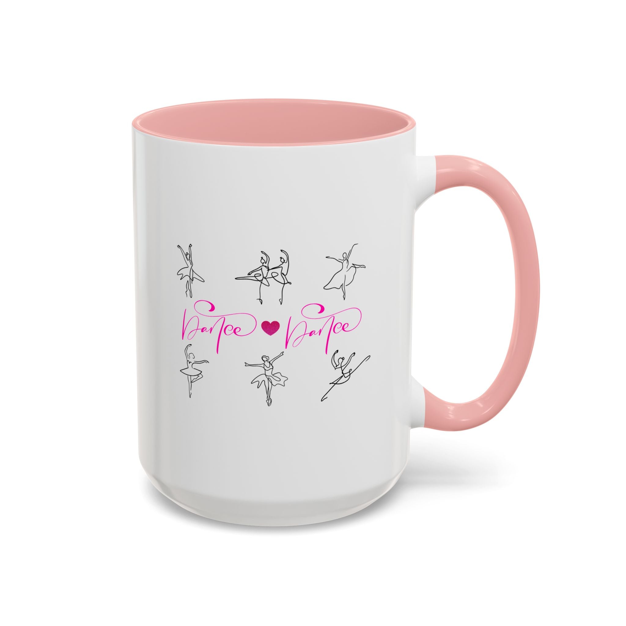 15oz white ceramic Dancer Line Art mug with pink handle and interior Right handed view