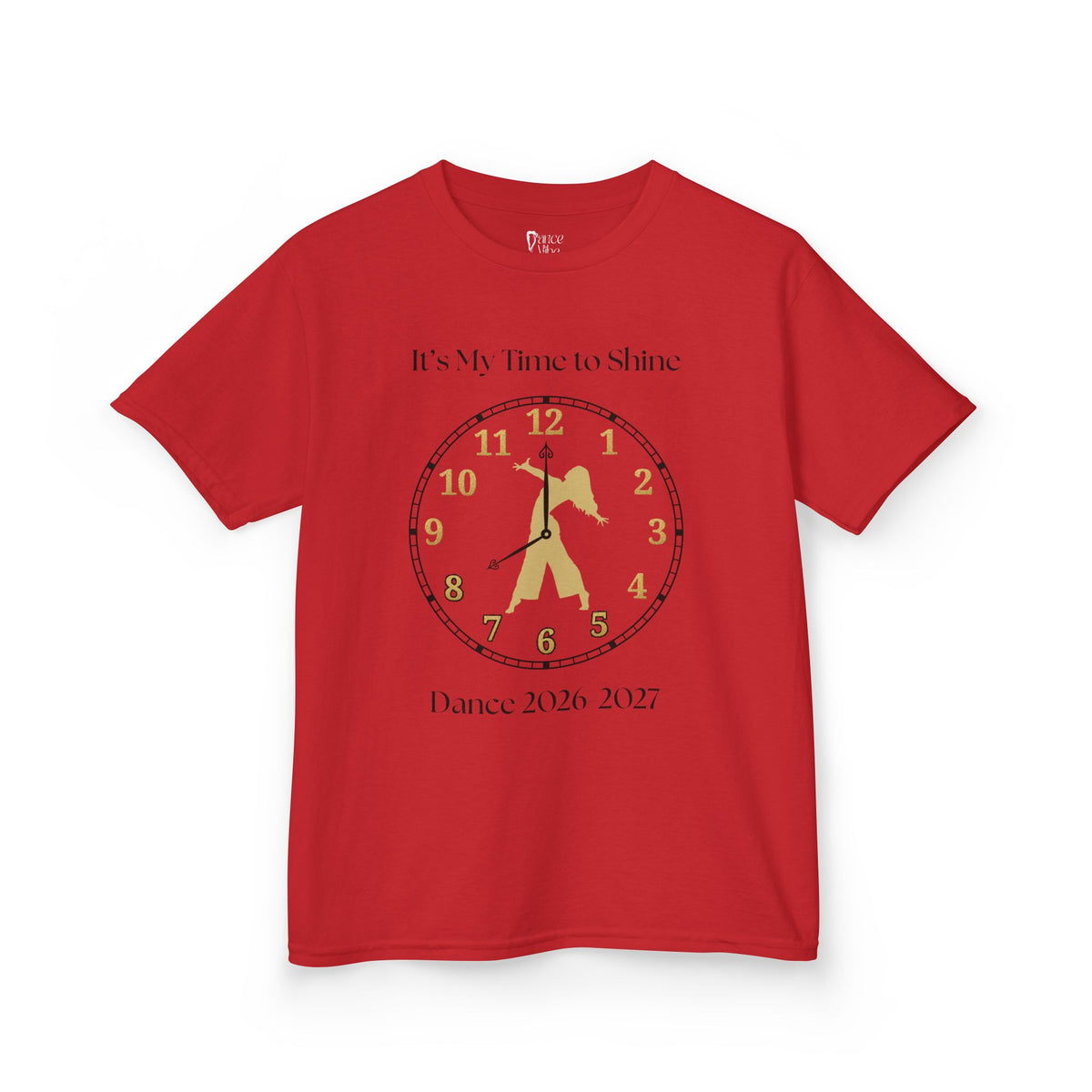Front view of a youth Gildan 5000B heavy cotton t-shirt in red with an It's My Time to Shine Contemporary Dance 2026-2027 theme