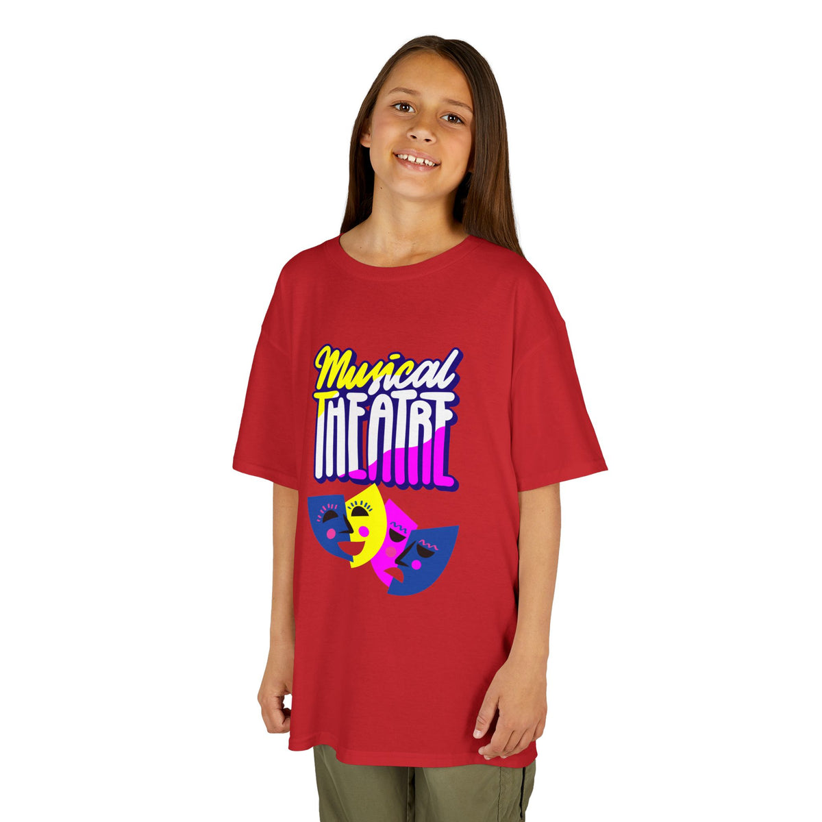 Young girl wearing a youth Gildan 5000B heavy cotton t-shirt in red with a Musical Theater rainbow mask graphic