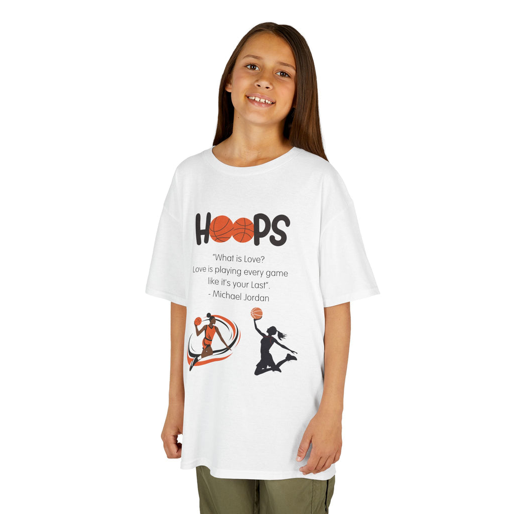 Young girl wearing a youth Gildan 5000B heavy cotton t-shirt in white featuring a Girls Basketball design