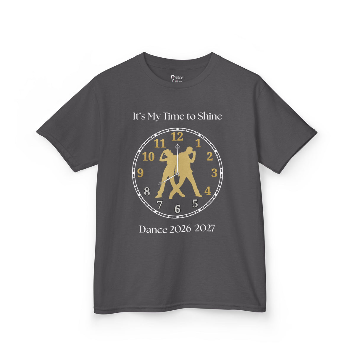 Front view of a youth Gildan 5000B heavy cotton t-shirt in charcoal with an It's My Time to Shine Hip Hop 2026-2027 theme
