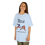 Young girl wearing a youth Gildan 5000B heavy cotton t-shirt in light blue with a Wrestling text and graphic