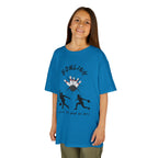 Young girl wearing a youth Gildan 5000B heavy cotton t-shirt in sapphire with a Bowling text and graphic