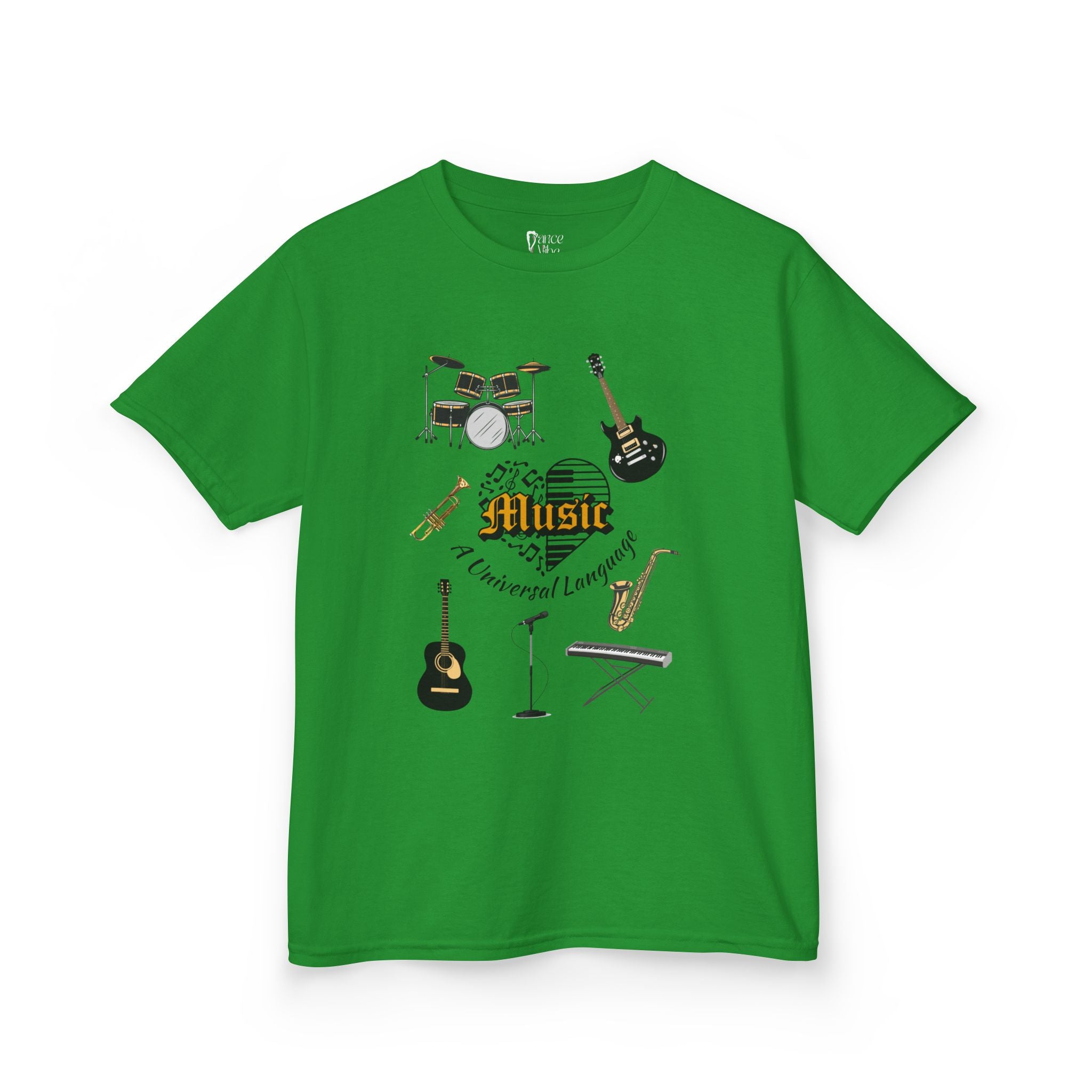 Front view of a youth Gildan 5000B heavy cotton t-shirt in irish green with a Music A Universal Language theme