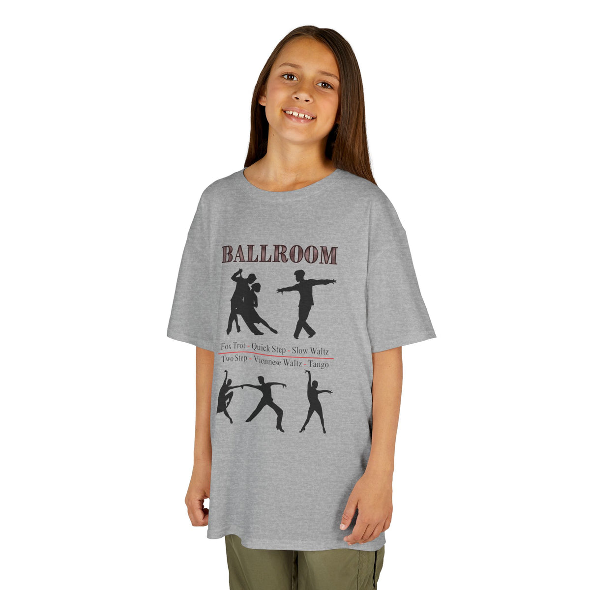 Young girl wearing a youth Gildan 5000B heavy cotton t-shirt in sport grey with a Ballroom Dance Style theme