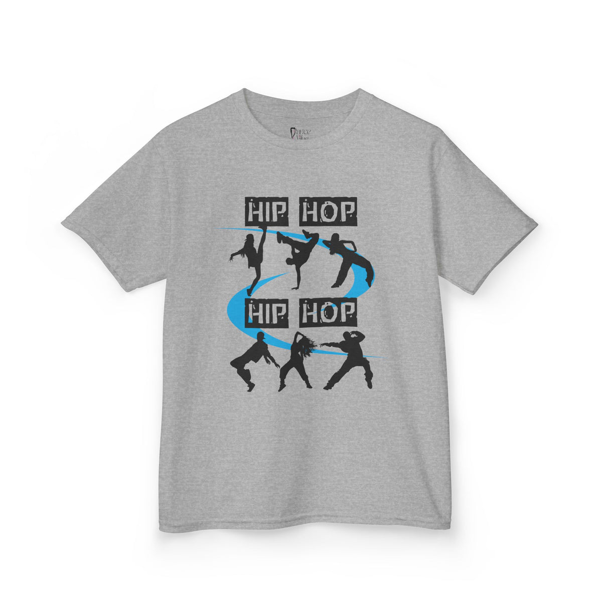 Front view of a youth Gildan 5000B heavy cotton t-shirt in sport grey with a Hip Hop text and dancers
