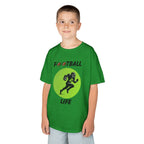 Young boy wearing a youth Gildan 5000B heavy cotton t-shirt in irish green with a Football Life text and graphic