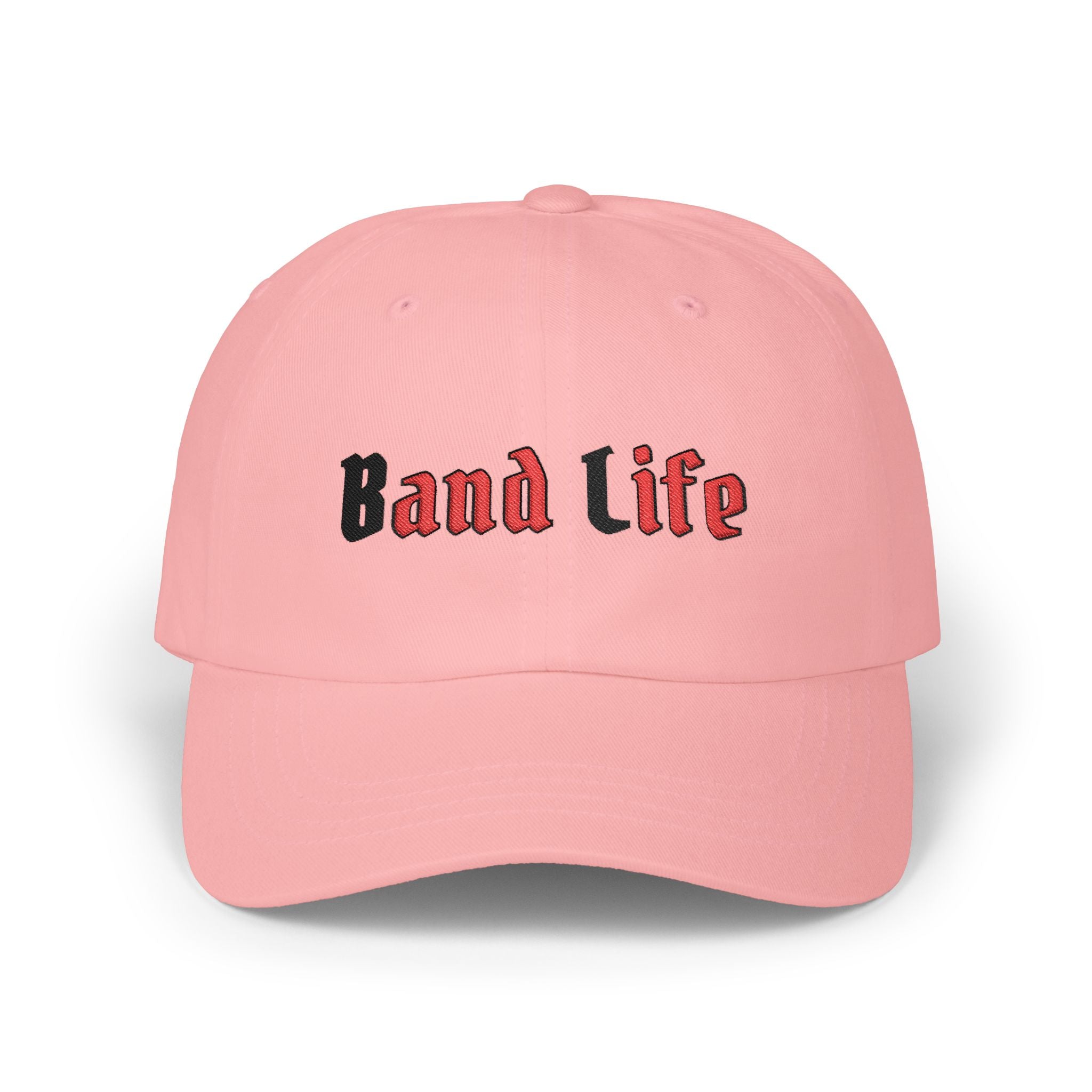 Pink embroidered classic dad cap hat with Band Life text Front view