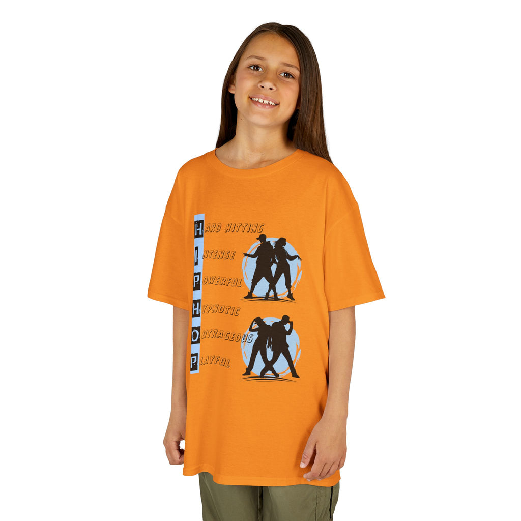 Young girl wearing a youth Gildan 5000B heavy cotton t-shirt in tennessee orange with dancing Hip Hop Couples
