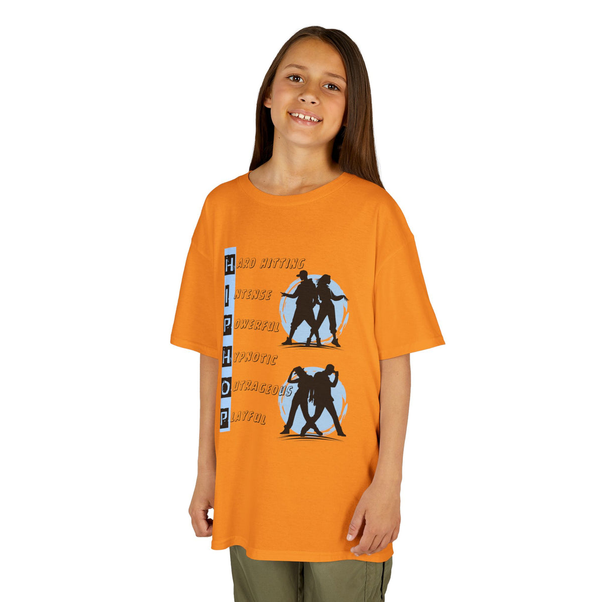 Young girl wearing a youth Gildan 5000B heavy cotton t-shirt in tennessee orange with dancing Hip Hop Couples