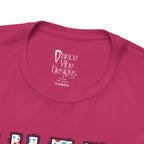 Close-up of a t-shirt's inner neck label with the brand Dance Vibe Designs printed above the care instructions.