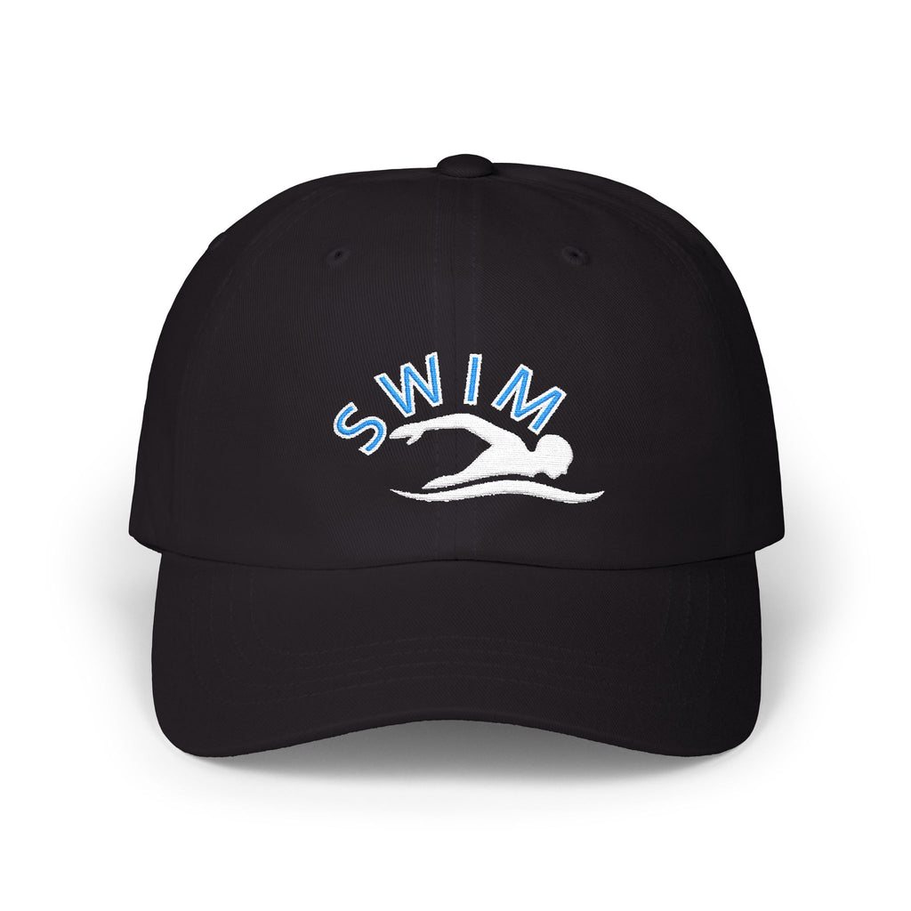 A black baseball cap featuring an embroidered design on the front with the word SWIM in light blue and a white silhouette of a swimmer.