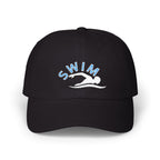 A black baseball cap featuring an embroidered design on the front with the word SWIM in light blue and a white silhouette of a swimmer.
