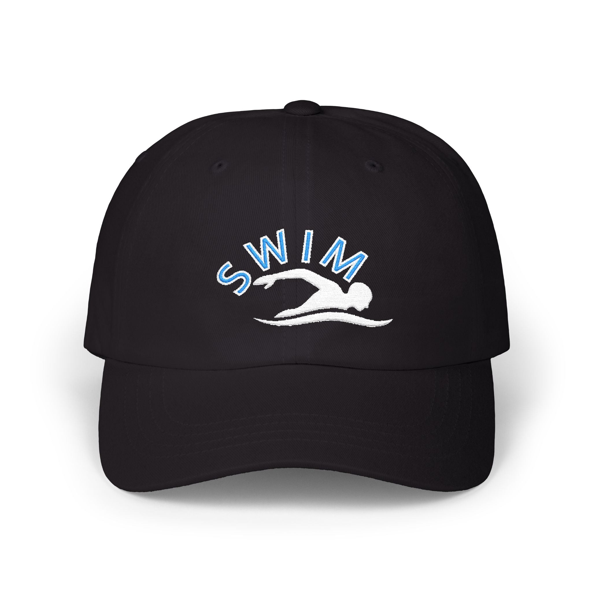 A black baseball cap featuring an embroidered design on the front with the word SWIM in light blue and a white silhouette of a swimmer.