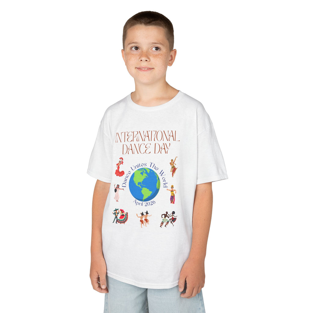 Young boy wearing a youth Gildan 5000B heavy cotton t-shirt in white with an International Dance Day theme 