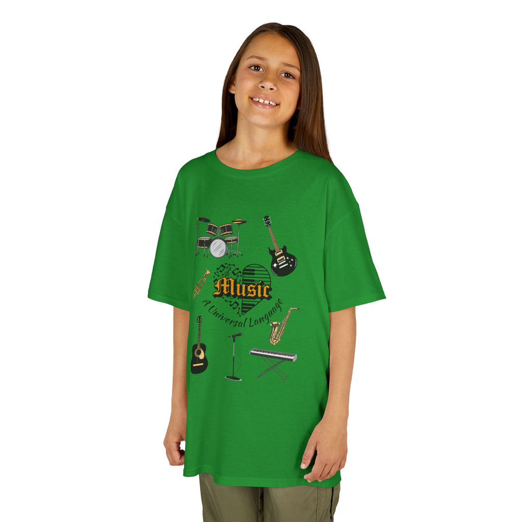 Young girl wearing a youth Gildan 5000B heavy cotton t-shirt in irish green with a Music A Universal Language theme