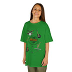 Young girl wearing a youth Gildan 5000B heavy cotton t-shirt in irish green with a Music A Universal Language theme