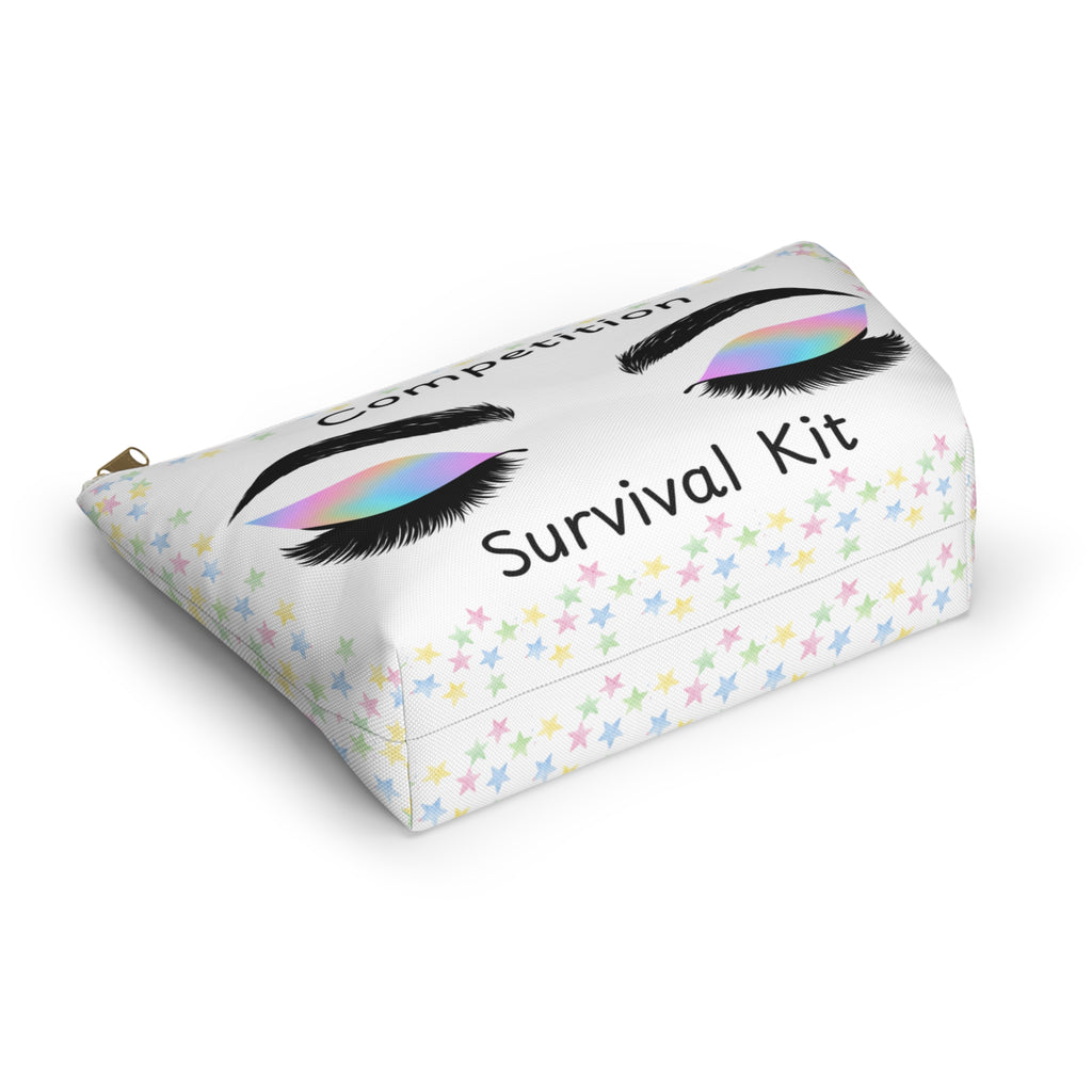 Competition Survival Kit pouch with colorful star pattern and false eyelashes design on a white background bottom view