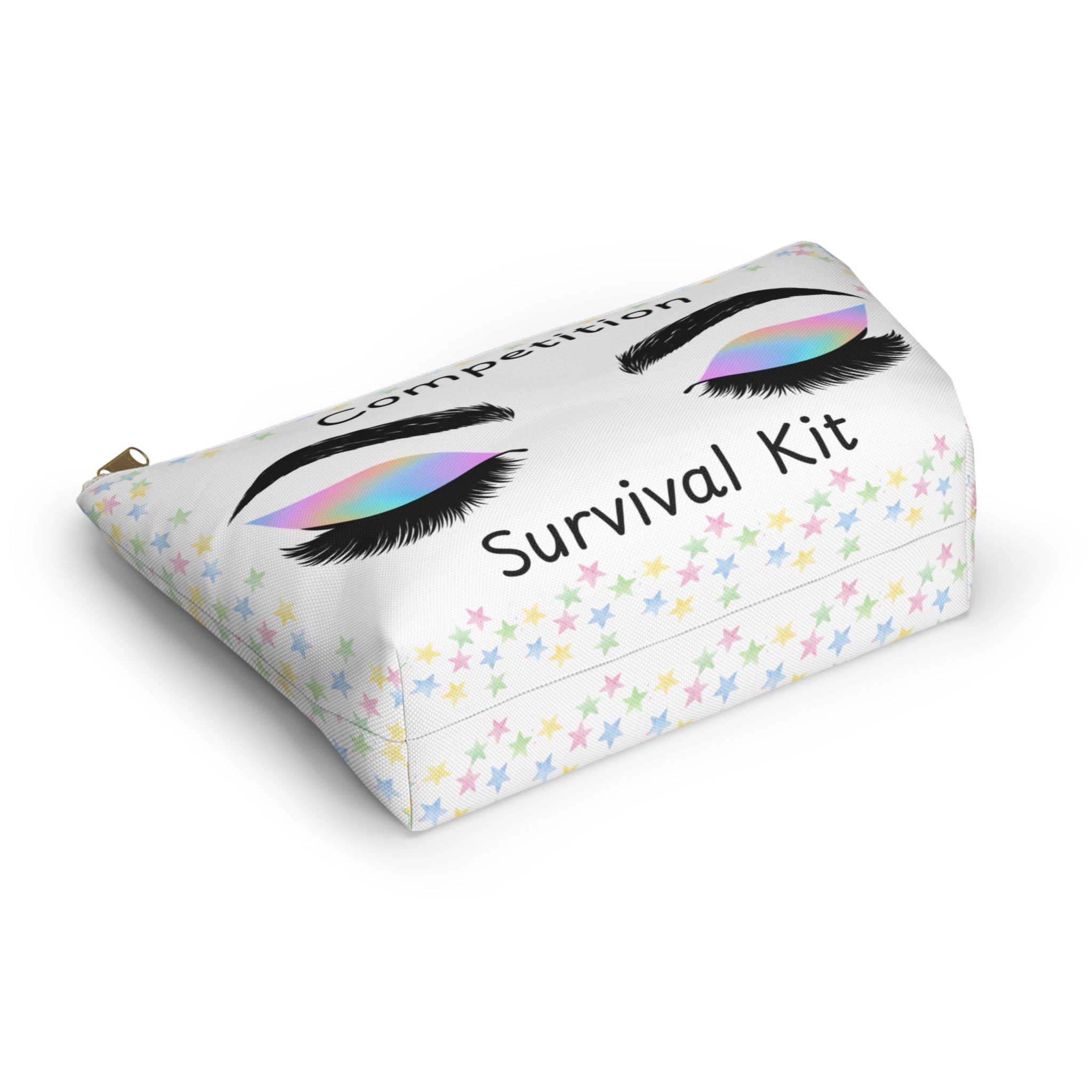 Competition Survival Kit pouch with colorful star pattern and false eyelashes design on a white background bottom view