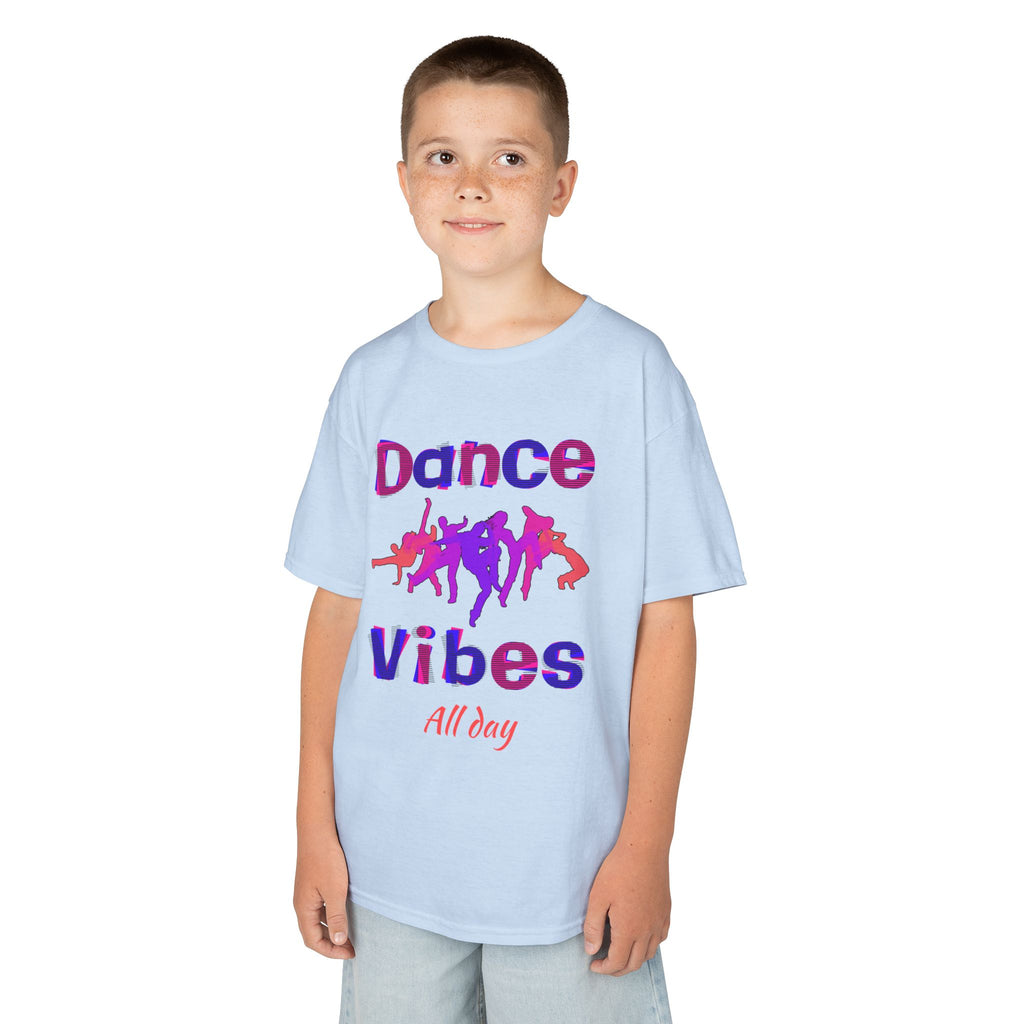 Young boy wearing a youth Gildan 5000B heavy cotton t-shirt in light blue with a Dance Vibes All Day text and graphic