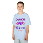 Young boy wearing a youth Gildan 5000B heavy cotton t-shirt in light blue with a Dance Vibes All Day text and graphic