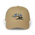 Khaki embroidered classic dad cap hat with a Swim text and graphic Front view