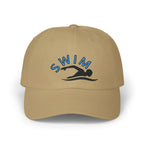 Khaki embroidered classic dad cap hat with a Swim text and graphic Front view