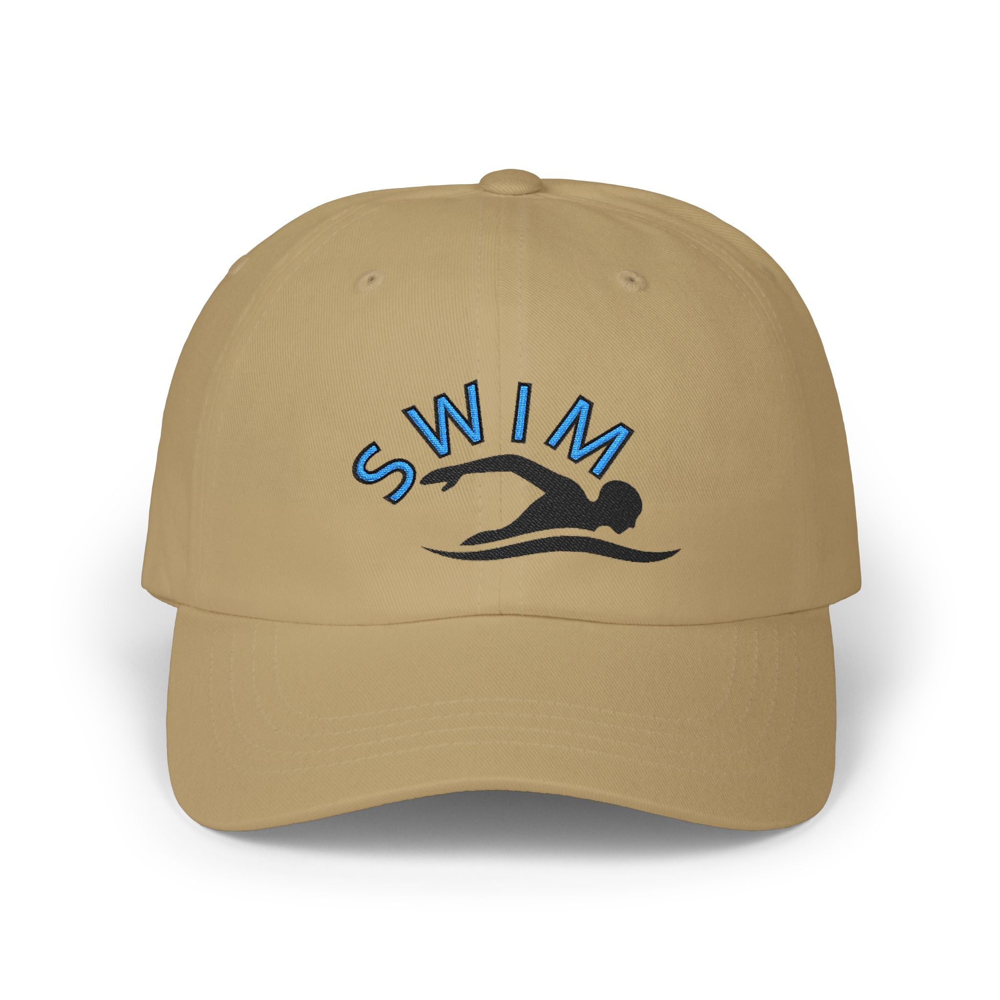 Khaki embroidered classic dad cap hat with a Swim text and graphic Front view