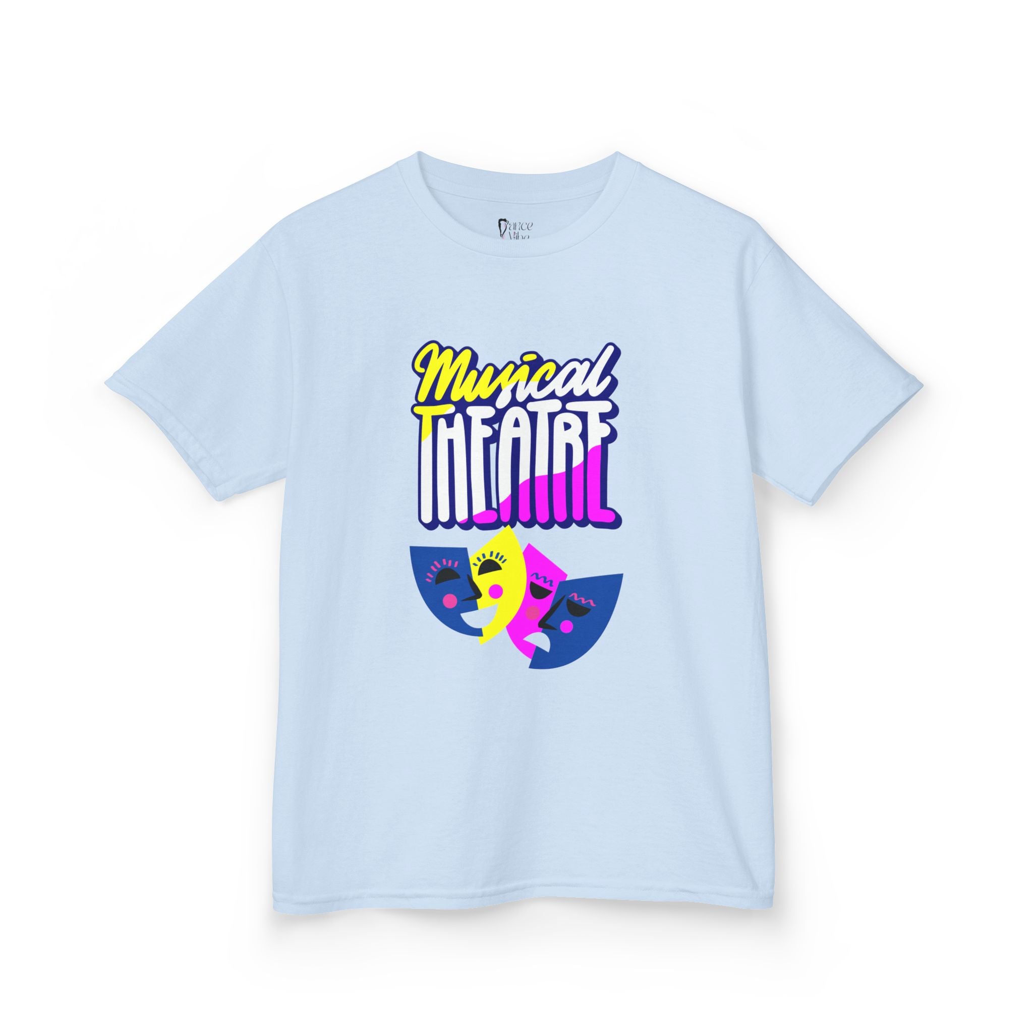 Front view of a youth Gildan 5000B heavy cotton t-shirt in light blue with a Musical Theater rainbow mask graphic