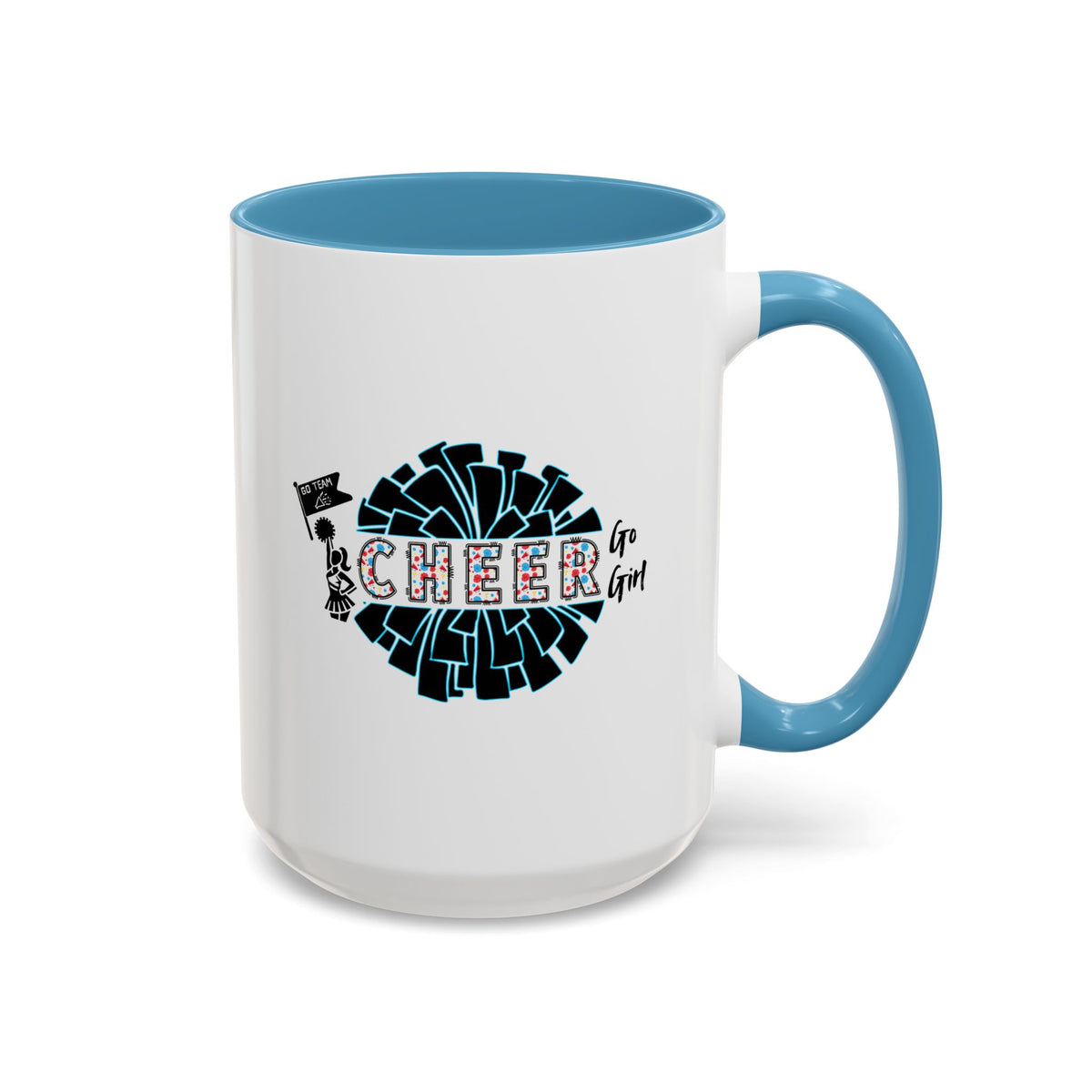 15oz white ceramic Cheer mug with light blue handle and interior Right handed view